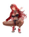  1girl absurdres bakakin_(asdfg) belt bikini bikini_over_clothes black_bikini bodystocking boots breast_strap breasts chest_belt chest_strap closed_mouth commentary_request covered_navel eyewear_on_head full_body goddess_of_victory:_nikke hair_between_eyes high_heel_boots high_heels highres jacket large_breasts leather leather_jacket long_hair long_sleeves looking_at_viewer multiple_thigh_straps open_clothes open_jacket red_hair red_jacket see-through_cleavage see-through_clothes sidelocks simple_background skindentation smile solo squatting sunglasses swimsuit thigh_strap torn torn_bodystocking torn_clothes volume_(nikke) white_background yellow_eyes 