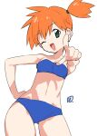  1girl ;d bikini blue_bikini breasts commentary cowboy_shot green_eyes hand_on_own_hip highres looking_at_viewer misty_(pokemon) navel one_eye_closed open_mouth orange_hair pointing pointing_at_viewer pokemon short_hair side_ponytail smile solo strapless strapless_bikini swimsuit symbol-only_commentary take_shinobu 