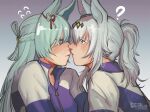  2girls absurdres ahoge animal_ears blue_eyes blush braid commentary ear_ornament ear_ribbon exocorpse eye_contact face-to-face folded_hair folded_ponytail fujimasa_march_(umamusume) grey_hair hair_between_eyes hair_ornament hairband half_up_half_down_braid highres horse_ears horse_girl imminent_kiss jacket kasamatsu_tracen_training_uniform kiss long_hair long_sleeves looking_at_another multicolored_hair multicolored_jacket multiple_girls oguri_cap_(umamusume) parted_lips ponytail purple_jacket purple_track_suit symbol-only_commentary track_jacket track_suit two-tone_jacket umamusume umamusume:_cinderella_gray upper_body yellow_eyes yuri 
