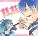  1girl black_eyes blue_hair blue_nails bow chibi closed_eyes detached_sleeves face food hair_bow hair_ornament hands hatsune_miku kaito long_hair lowres minigirl nail_polish necktie open_mouth pocky skirt smile twintails vocaloid yuh 