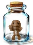  against_glass black_eyes bottle cork frown full_body in_bottle in_container littlebigplanet looking_at_viewer no_humans open_mouth sackboy scared simple_background solo standing white_background zipper 