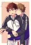  2boys absurdres arm_at_side border brown_eyes brown_hair closed_eyes closed_mouth commentary_request drawstring ensemble_stars! facing_viewer fingernails hair_between_eyes highres hood hood_down hooded_jacket hug hug_from_behind jacket long_sleeves male_focus morisawa_chiaki multiple_boys open_mouth outside_border short_hair smile split_mouth takamine_midori teeth upper_teeth_only yellow_border yuki_suzume zipper_pull_tab 