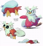  bright_pupils closed_mouth delibird full_body grid_background highres kumedaira lying multiple_views no_humans on_stomach outstretched_arm pokemon pokemon_(creature) shadow signature sleepy squeans translation_request white_background white_pupils 