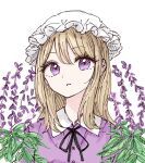  1girl black_ribbon blonde_hair buttons collar dress dress_ribbon flower flower_request hair_between_eyes highres kashiwada_kiiho leaf maribel_hearn medium_hair open_mouth purple_dress ribbon simple_background solo touhou white_background white_collar 