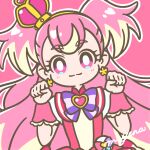  1girl arched_crown artist_name blonde_hair bow bright_pupils brooch butterfly_earrings capelet chest_bow clenched_hands closed_mouth commentary crown cure_wonderful dress dress_bow dutch_angle earrings frilled_wrist_cuffs frills gold_hairband hairband hands_up heart heart_brooch highres inukai_komugi jewelry long_hair looking_at_viewer magical_girl mayena mini_crown multicolored_bow multicolored_hair no_nose no_pupils outline pact_holder paw_pose pink_background pink_capelet pink_crown pink_dress pink_hair pink_theme pink_wrist_cuffs pouch precure puffy_short_sleeves puffy_sleeves purple_bow purple_eyes short_sleeves signature simple_background smile solo split_mouth streaked_hair striped_bow tilted_headwear two-tone_hair two_side_up upper_body very_long_hair white_outline white_pupils wonderful_pact wonderful_precure! wrist_cuffs 