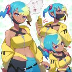  1girl anger_vein aqua_hair bandeau black_mask blonde_hair blue_eyes canari_(pokemon) criss-cross_straps dark-skinned_female dark_skin heart highres jacket long_sleeves mask mask_pull mega_stone mouth_mask multicolored_hair multiple_expressions multiple_views pants pokemon pokemon_legends:_z-a short_twintails solo split-color_hair tako_marushka twintails two-tone_mask two-tone_pants yellow_bandeau yellow_jacket yellow_mask zipper_pull_tab 