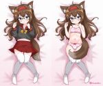  1girl ahoge animal_ears blue_eyes blush brown_hair commission dakimakura_(medium) fox_ears fox_girl fox_tail glasses hachi_peashy headband indie_virtual_youtuber inusoku long_hair panties red_skirt sailor skeb_commission skirt striped_clothes striped_panties tail thighhighs underwear zettai_ryouiki 