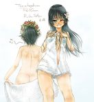  black_hair butt_crack flower green_eyes grin hair_flower hair_ornament head_wreath highres long_hair multiple_girls naked_towel nude ryou_(shirotsumesou) saten_ruiko short_hair sketch smile to_aru_kagaku_no_railgun to_aru_majutsu_no_index towel uiharu_kazari 