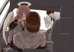  3boys absurdres angel_devil_(chainsaw_man) angel_wings black_hair black_necktie blush car car_interior chainsaw_man collared_shirt commentary_request ear_piercing from_behind hayakawa_aki heco_inu highres implied_sex jacket long_hair male_focus mole mole_under_mouth motor_vehicle multiple_boys multiple_piercings necktie on_car piercing shirt short_hair simple_background sitting suit_jacket sweat white_background white_shirt wings yaoi yoshida_hirofumi 