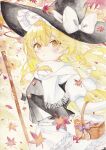  1girl absurdres apron autumn autumn_leaves basket black_hat black_vest blonde_hair blush bow braid closed_mouth commentary_request falling_leaves hair_bow hat hat_bow highres holding juliet_sleeves kirisame_marisa leaf long_hair long_sleeves looking_at_viewer mushroom painting_(medium) puffy_sleeves ringo33757 scarf side_braid single_braid solo touhou traditional_media vest waist_apron watercolor_(medium) white_apron white_bow white_scarf witch_hat yellow_eyes 