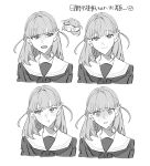  1girl :t annoyed averting_eyes blush chibi chibi_inset closed_mouth commentary crossed_bangs greyscale hair_intakes hair_ornament hasu_no_sora_school_uniform highres hinoshita_kaho link!_like!_love_live! looking_at_viewer love_live! medium_hair monochrome multiple_expressions multiple_views neckerchief nervous_sweating open_mouth pout rabbit_hair_ornament raised_inner_eyebrows sailor_collar school_uniform smile split_mouth sweat translated two_side_up virtual_youtuber winter_uniform zuisetsu 