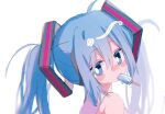 1girl aqua_hair bare_shoulders blue_eyes blue_hair blush commentary detached_sleeves food food_in_mouth hair_between_eyes hair_ornament hatsune_miku long_hair looking_at_viewer popsicle popsicle_in_mouth shirt simple_background sleeveless sleeveless_shirt solo symbol-only_commentary tagme twintails uyu075 vocaloid white_background white_shirt 