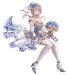  1girl artist_request beads blue_dress blue_eyes blue_flower blue_trim boots bouquet breasts bridal_veil bride cleavage clothing_cutout commentary_request detached_sleeves dress elbow_gloves english_commentary floating_clothes floating_hair flower full_body gloves gold_trim grey_hair hair_bun headdress high-low_dress high_heel_boots high_heels highres holding holding_bouquet invisible_chair king&#039;s_raid knees_together_feet_apart korean_commentary long_hair medium_breasts mixed-language_commentary multicolored_dress navel_cutout official_alternate_costume official_art reaching reaching_towards_viewer scarlet_(king&#039;s_raid) second-party_source see-through_clothes see-through_veil simple_background sitting smile solo thigh_boots thighhighs veil wedding_dress white_background white_boots white_dress white_gloves white_sleeves white_thighhighs white_veil 