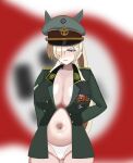  1girl animal_ears blonde_hair blue_archive blue_eyes blurry blurry_background breasts cross germany green_jacket hair_over_one_eye hat highres iron_cross jacket kanna_(blue_archive) keibu_sensei_(sbk) large_breasts medal military_hat military_uniform navel nazi non-web_source police sharp_teeth swastika teeth 
