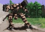  blue_sky camouflage forest front_mission gun highres holding holding_gun holding_weapon mecha mecha_focus missile_pod nature no_humans outdoors robot science_fiction sky tyokugekidato weapon woodland_camouflage 