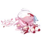  1girl ass beret broken_plate cake cake_slice chibi chibi_only commentary dress elf elysia_(hi_love_elf)_(honkai_impact) elysia_(honkai_impact) english_commentary fallen_down food fruit hat highres honkai_(series) honkai_impact_3rd jfifwebp multicolored_hair panties pink_hair plate pointy_ears red_panties red_shoes shoes simple_background solo strawberry thighhighs two-tone_hair underwear white_background white_dress white_hair white_thighhighs 