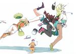  2girls baseball_cap bel_(pokemon) blonde_hair brown_hair cheren_(pokemon) gen_1_pokemon green_hair hands hat hug hug_from_behind jewelry long_hair multiple_boys multiple_girls n_(pokemon) orange_legwear pantyhose pikachu pokemon pokemon_(creature) pokemon_(game) pokemon_bw ponytail pushing shorts shuri_(84k) touko_(pokemon) touya_(pokemon) tripping 