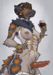 absurd_res anthro classy container cup drinking_glass fancy_clothing fur furred_scalie genitals glass glass_container glass_cup gold_(metal) gold_jewelry gynomorph harness hi_res hybrid intersex jewelry knot knotted_penis looking_at_viewer penis reptile scalie smug_face snake solo starlyve wine_glass
