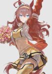  1girl ahoge animal_ears arm_up blue_eyes boots breasts brown_hair cheerleader cocontoozai commentary_request cowboy_shot crop_top ear_ornament gold_hairband hair_between_eyes hairband highres holding holding_pom_poms horse_ears horse_girl horse_tail huge_ahoge jacket knee_boots long_hair long_sleeves looking_at_viewer medium_breasts mihono_bourbon_(umamusume) miniskirt navel pleated_skirt pom_pom_(cheerleading) red_jacket simple_background skirt solo standing standing_on_one_leg stomach tail tracen_training_uniform track_jacket twitter_username umamusume white_background yellow_boots yellow_skirt 