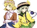  2girls black_hat blonde_hair bow breasts brown_shirt buttons closed_mouth collared_shirt commentary_request cowboy_shot diamond_button floral_print frilled_shirt_collar frilled_sleeves frills green_eyes green_hair green_skirt hat hat_bow head_wreath komeiji_koishi long_sleeves looking_at_viewer medium_breasts mizuhashi_parsee multiple_girls pointy_ears print_skirt rose_print sash scarf shirt short_hair short_sleeves simple_background skirt sleeves_past_fingers sleeves_past_wrists smile tama_(hiroshige_36) third_eye touhou white_background white_sash white_scarf yellow_bow yellow_shirt 