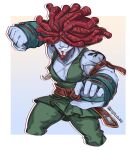  1boy absurdres belt blue_skin chinstrap_beard clenched_hand colored_skin curled_fingers dreadlocks final_fantasy final_fantasy_ix graysheartart green_pants green_vest grin hair_over_eyes highres jewelry male_focus necklace pants red_hair salamander_coral shoulder_tattoo smile solo tattoo vest 