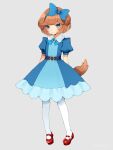  1girl animal_ears ascot belt blue_bow blue_dress blue_eyes bow brooch brown_hair closed_mouth delicious_party_precure dog_ears dog_tail dress full_body grey_background heart_brooch highres jewelry looking_at_viewer mary_janes michio_(fuelmeter) pam-pam_(precure) pam-pam_(precure)_(human) pantyhose precure red_footwear shoes short_hair simple_background smile solo standing tail white_pantyhose 