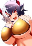  1girl animal_ears black_hair breasts cow_ears cow_girl cow_horns fang grey_hair highres horns huge_breasts multicolored_hair open_mouth simple_background solo touhou two-tone_hair ushizaki_urumi xialu_zajin 