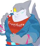  &lt;3 anthro clothing colored_nails fish grey_body grin hi_res kimagu_02 male marine muscular muscular_anthro muscular_male nails one_eye_closed shark shirt smile solo t-shirt topwear unzipping wink 