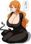  1girl anger_vein arms_behind_back bdsm bound bound_arms breasts brown_eyes chain cleavage covered_nipples dress highres large_breasts long_hair nami_(one_piece) one_piece orange_hair rebake side_slit sitting solo speech_bubble very_long_hair white_background yokozuwari 