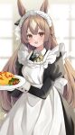  alternate_costume animal_ears apron blurry blurry_background blush brown_hair commentary_request enmaided food hair_between_eyes hair_ornament highres horse_ears horse_girl horse_tail ichinose_(sorario) looking_at_viewer maid plate satono_diamond_(umamusume) tail umamusume yellow_eyes 