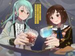  2girls alcohol aqua_hair bang_dream! bangs bob_cut brown_eyes brown_hair cup fisheye food foreshortening glass green_eyes hazawa_tsugumi hikawa_sayo holding holding_cup ika_(hinatu1992) long_hair multiple_girls short_hair smile swept_bangs table upper_body 