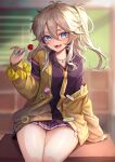  1girl :d absurdres bare_legs blue_eyes blue_nails blurry blurry_background candy cardigan chalkboard collared_shirt desk fang food gyaru hakusyokuto highres jacket jacket_partially_removed jewelry kasukabe_tsumugi kogal light_brown_hair lollipop looking_at_viewer loose_necktie magatama magatama_necklace miniskirt mole mole_under_eye nail_polish necklace necktie on_desk open_mouth school_uniform shirt side_ponytail sitting sitting_on_desk skirt smile solo thighs voiceroid 