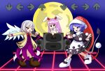  3girls arrow_(symbol) black_dress blue_eyes blue_hair blush brown_footwear collared_shirt commentary_request doremy_sweet dress feathered_wings friday_night_funkin&#039; full_body full_moon grey_hair hat highres holding holding_microphone jacket kishin_sagume loafers long_hair long_sleeves looking_at_another microphone moon multiple_girls necktie nightcap one_eye_closed open_clothes open_jacket open_mouth parody purple_dress rabbit_girl red_eyes red_headwear red_necktie reisen_udongein_inaba shirt shoes short_hair short_sleeves single_wing smile speaker tail tapir_tail touhou two-tone_dress white_dress white_shirt white_wings wings yellow_jacket zenji029 