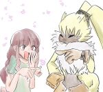  anthro bandai_namco brown_hair clothing digimon digimon_(species) digimon_ghost_game duo female fluffy_chest gloves hair handwear human lagomorph laugh leporid long_ears long_hair male mammal ponytail_ears rabbit ruri_tsukiyono symbareangoramon tyabuto 