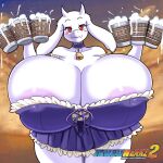  alcohol anthro barmaid beer beverage big_breasts boss_monster bovid breasts caprine cleavage clothed clothing dress female fur hi_res holding_object huge_breasts hyper hyper_breasts ichduhernz mammal mature_female solo toriel undertale undertale_(series) video_games white_body white_fur 