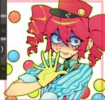  1girl art_program_in_frame black_necktie border collared_shirt drill_hair gloves hat highres inset_border kasane_teto kepi looking_at_viewer mesmerizer_(vocaloid) military_hat namw67 necktie open_mouth red_border red_eyes red_hair shirt short_sleeves smiley_hat_ornament solo suspenders sweat symbol-shaped_pupils twin_drills utau wing_collar 