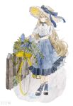  1girl aoyagi874 artist_name bicycle bicycle_basket black_bow black_bowtie blonde_hair blue_bow blue_dress blue_eyes blue_flower blue_rose bow bowtie buttons dot_nose dress fence flower frilled_hat frills gloves ground_vehicle hat hat_bow hat_flower highres long_hair looking_at_viewer original painting_(medium) parted_lips plant platform_footwear puffy_short_sleeves puffy_sleeves rose short_sleeves simple_background solo standing toeless_footwear traditional_media very_long_hair watercolor_(medium) white_background white_gloves yellow_flower 
