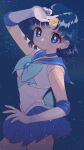  1girl bishoujo_senshi_sailor_moon blue_bow blue_choker blue_eyes blue_hair blue_sailor_collar blue_skirt blush bow breasts choker earrings gloves highres jewelry magical_girl sailor_collar sailor_mercury short_hair skirt sky smile solo star_(sky) starry_sky yyemoyy 