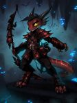  anthro armor arrow_(weapon) bleats bow_(disambiguation) cave chiropteran crossbow hair hi_res horn kobold mammal markings quiver ranged_weapon red_body red_scales scale_markings scales signature solo weapon yellow_sclera 
