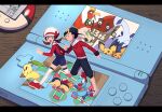  1boy 1girl backwards_hat baseball_cap black_hair black_headwear black_pants blue_overalls bow brown_eyes brown_hair cabbie_hat celebi chikorita clenched_hands closed_mouth commentary_request cyndaquil ethan_(pokemon) handheld_game_console hat hat_bow highres ho-oh jacket long_hair long_sleeves lugia lyra_(pokemon) nintendo_ds outline overalls pants pichu pikachu pokemon pokemon_(creature) pokemon_(game) pokemon_hgss pokewalker red_bow red_footwear red_jacket red_shirt shirt shoes short_hair thighhighs totodile twintails tyako_089 unown white_headwear 