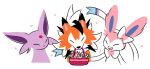  animal_focus closed_eyes english_commentary espeon flower forehead_jewel gotchibam happy lycanroc lycanroc_(dusk) mouth_hold petals pink_flower pokemon pokemon_(creature) simple_background smile spikes sylveon white_background 