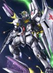  battle beam_rifle char&#039;s_counterattack commentary_request energy energy_gun fin_funnels green_eyes gundam kiriya_obu_gn machinery mecha mecha_focus mobile_suit no_humans nu_gundam robot science_fiction shield space v-fin weapon 