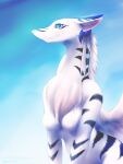  2022 anthro blue_eyes breasts day detailed_background digital_media_(artwork) equus featureless_breasts female hi_res nude outside sky smile solo 