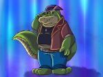  2021 3_toes 4_fingers alligator alligatorid anthro belly biped bottomwear brok_(character) brok_the_investigator chubbymeel clothing crocodilian feet fingers green_body hat headgear headwear hi_res male pants reptile scalie shirt slightly_chubby solo tocutalk toes topwear video_games 