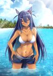  1girl amane_sou animal_ears bare_shoulders bikini bikini_under_clothes blue_hair blue_shorts breasts cleavage cowboy_shot denim denim_shorts ear_scrunchie hair_between_eyes highres hishi_amazon_(umamusume) horse_ears horse_girl horse_tail large_breasts long_hair looking_at_viewer midriff navel open_fly outdoors red_eyes red_scrunchie scrunchie short_shorts shorts smile solo standing swimsuit tail tan umamusume unzipped wading water 