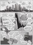 absurd_res anthro city cityscape comic construction construction_worker devilchild dialogue dirt group gus_(peculiart) hi_res horn male monochrome monster peculiart shovel text tools water