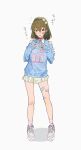  1girl absurdres bandaid bandaid_on_cheek bandaid_on_face bandaid_on_leg bandaid_on_nose bangs blue_sweater brown_eyes brown_hair clothing_cutout collared_shirt flying_sweatdrops full_body hands_up highres idolmaster idolmaster_million_live! medium_hair nagayoshi_subaru open_mouth pigeon-toed pleated_skirt shirt shoes shoulder_cutout skirt sleeves_past_wrists sneakers socks solo spread_fingers standing sugata_dski sweater translation_request white_background white_shirt yellow_skirt 
