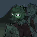  2014 claws clothed clothing digital_drawing_(artwork) digital_media_(artwork) dirty dress embrace female fen_(lagotrope) forest glowing glowing_eyes grass green_body green_skin group horn hug kobold lagotrope lizard male nuzzling outside plant pupils reptile scalie shirt sitting slit_pupils smile story story_at_source story_in_description tgchan topless topwear torn_clothing tree trio 