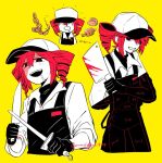  1girl ^_^ apron baseball_cap black_apron black_eyes black_undershirt blood blood_on_knife blush butcher_vanity_(synthesizer_v) chibi chibi_inset closed_eyes collared_shirt drill_hair drooling food food_request hair_between_eyes ham hat hato_no_mune_wo_momitai honing_steel kasane_teto kitchen_knife knife long_sleeves looking_at_viewer red_hair red_pupils sausage sharpening shirt short_hair simple_background solo turtleneck turtleneck_shirt twin_drills twitter_username utau white_shirt yellow_background 