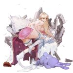  1girl ass bed_sheet blonde_hair blue_eyes breasts coat coat_removed covered_nipples cuts defeat faux_figurine feathers frilled_babydoll frilled_nightgown frilled_straps full_body game_cg gun hair_ribbon highres injury large_breasts last_origin leona_of_blood_&amp;_iron long_hair looking_at_viewer looking_back machinery median_furrow nightgown official_alternate_costume official_art open_mouth pillow pink_babydoll pink_nightgown pom_pom_(clothes) ribbon rorobomb simple_background solo stuffed_animal stuffed_bunny stuffed_toy tears thigh_strap thighhighs thighs topless torn_clothes torn_coat torn_legwear transparent_background weapon white_coat white_ribbon 